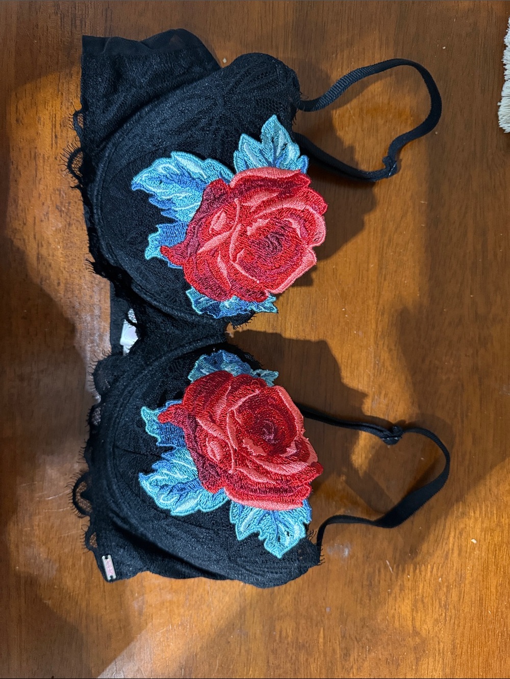 PINK Victoria's Secret Black Lace Bra with Red Rose & Blue Leaf Embroidery